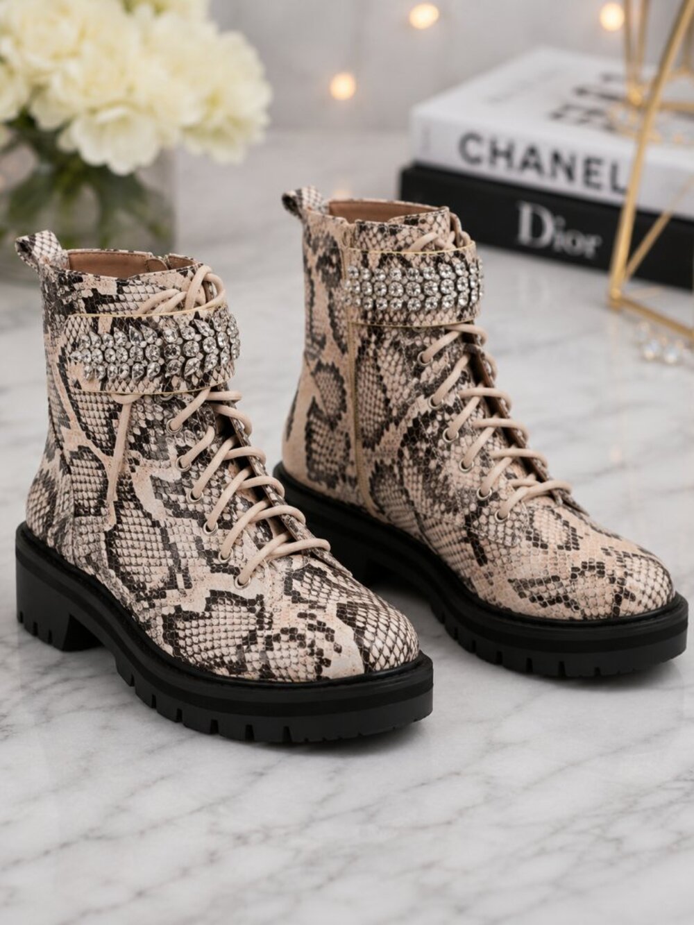 Antonio Melani Daynzie Snake Embossed Leather Combat Boots Rhinestone Strap Sz 8
